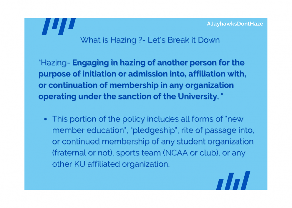 Hazing is defined by the KU Student Code of Student Rights & Responsibilities as "Engaging in hazing of another person for the purpose of initiation or admission into, affiliation with, or continuation of membership in any organization operating under the sanction of the University. 