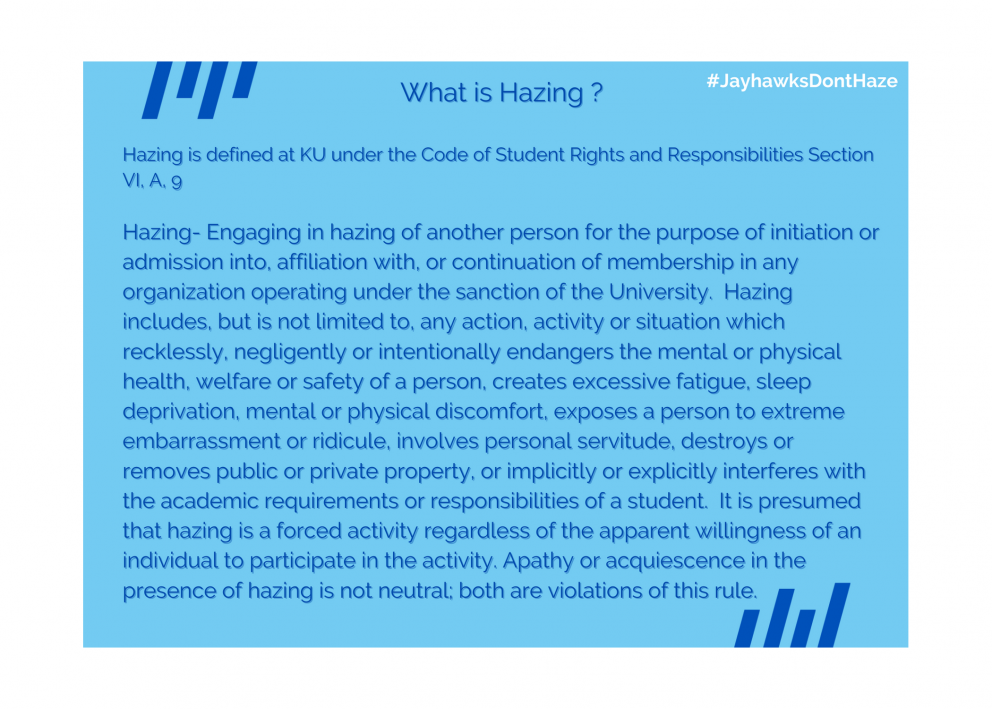 Hazing definition as defined by the KU Code of Student Rights & Responsibilities. 