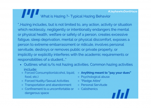Typical hazing activities include any action, activity, or situation which recklessly, negligently, or intentionally endangers the mental/physical health, welfare, or safety of a person.  